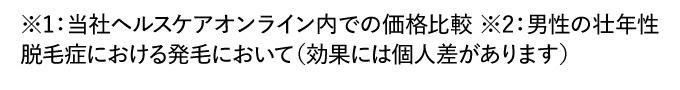 ※1：当社ヘルスケアオンライン内での価格比較 ※2：男性の壮年性脱毛症における発毛において（効果には個人差があります）
