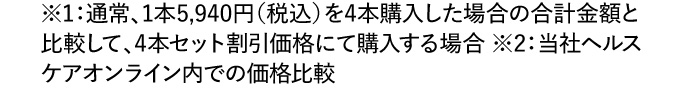 ※1：通常、1本5,940円（税込）を4本購入した場合の合計金額と比較して、4本セット割引価格にて購入する場合 ※2：当社ヘルスケアオンライン内での価格比較