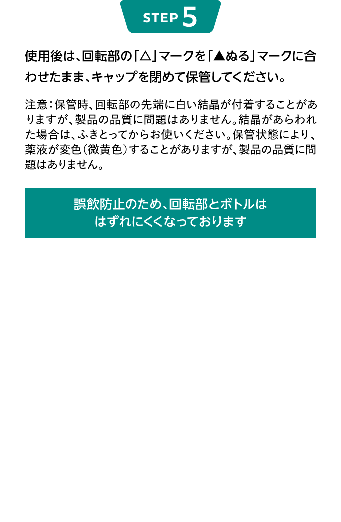 STEP5 使用後は、回転部の「△」マークを「▲ぬる」マークに合わせたまま、キャップを閉めて保管してください。 注意：保管時、回転部の先端に白い結晶が付着することがありますが、製品の品質に問題はありません。結晶があらわれた場合は、ふきとってからお使いください。保管状態により、薬液が変色（微黄色）することがありますが、製品の品質に問題はありません。誤飲防止のため、回転部とボトルははずれにくくなっております
