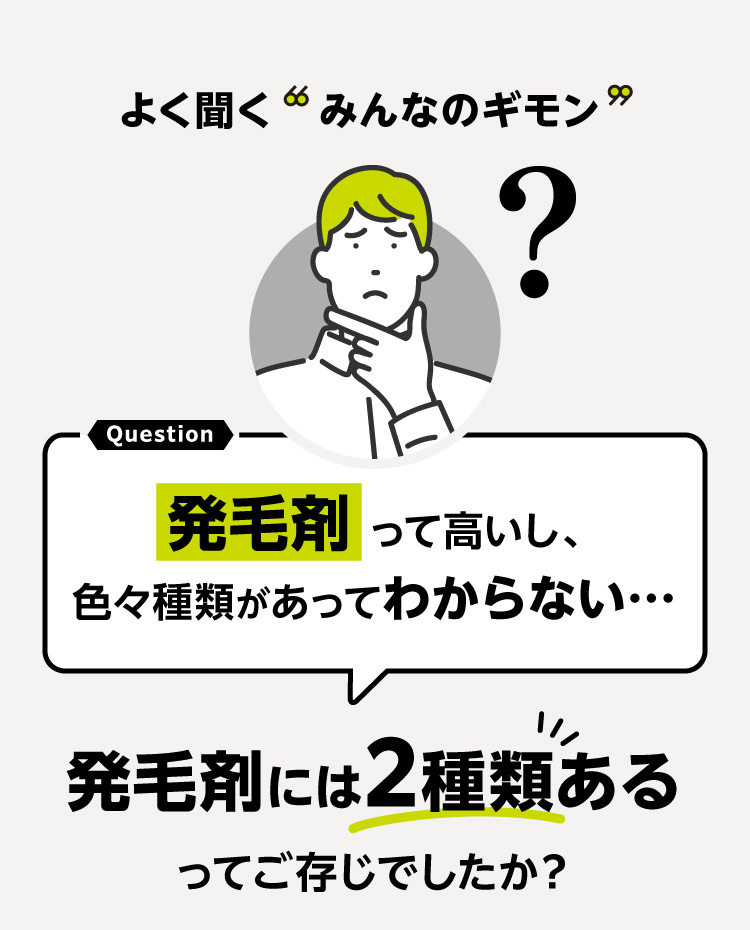 よく聞くみんなのギモン Question 発毛剤 って高いし、色々種類があってわからない 発毛剤には2種類あるってご存じでしたか?