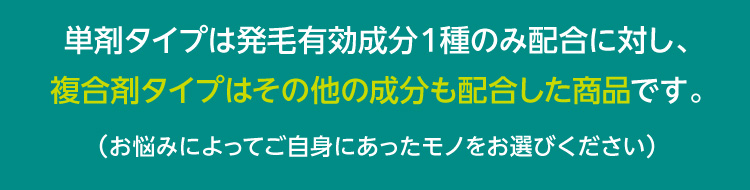 単剤タイプは発毛有効成分１種のみ配合に対し、複合剤タイプはその他の成分も配合した商品です。（お悩みによってご自身にあったモノをお選びください）