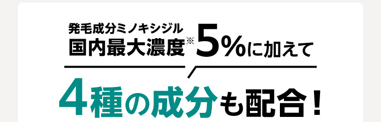 発毛成分ミノキシジル国内最大濃度※5％に加えて4種の成分も配合！
