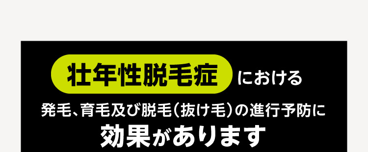 壮年性脱毛症における発毛、育毛及び脱毛（抜け毛）の進行予防に効果があります